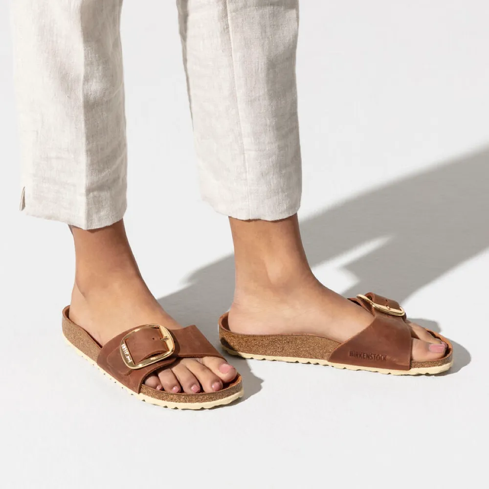 Birkenstock Women's Madrid Big Buckle Oiled Leather Sandal in Cognac