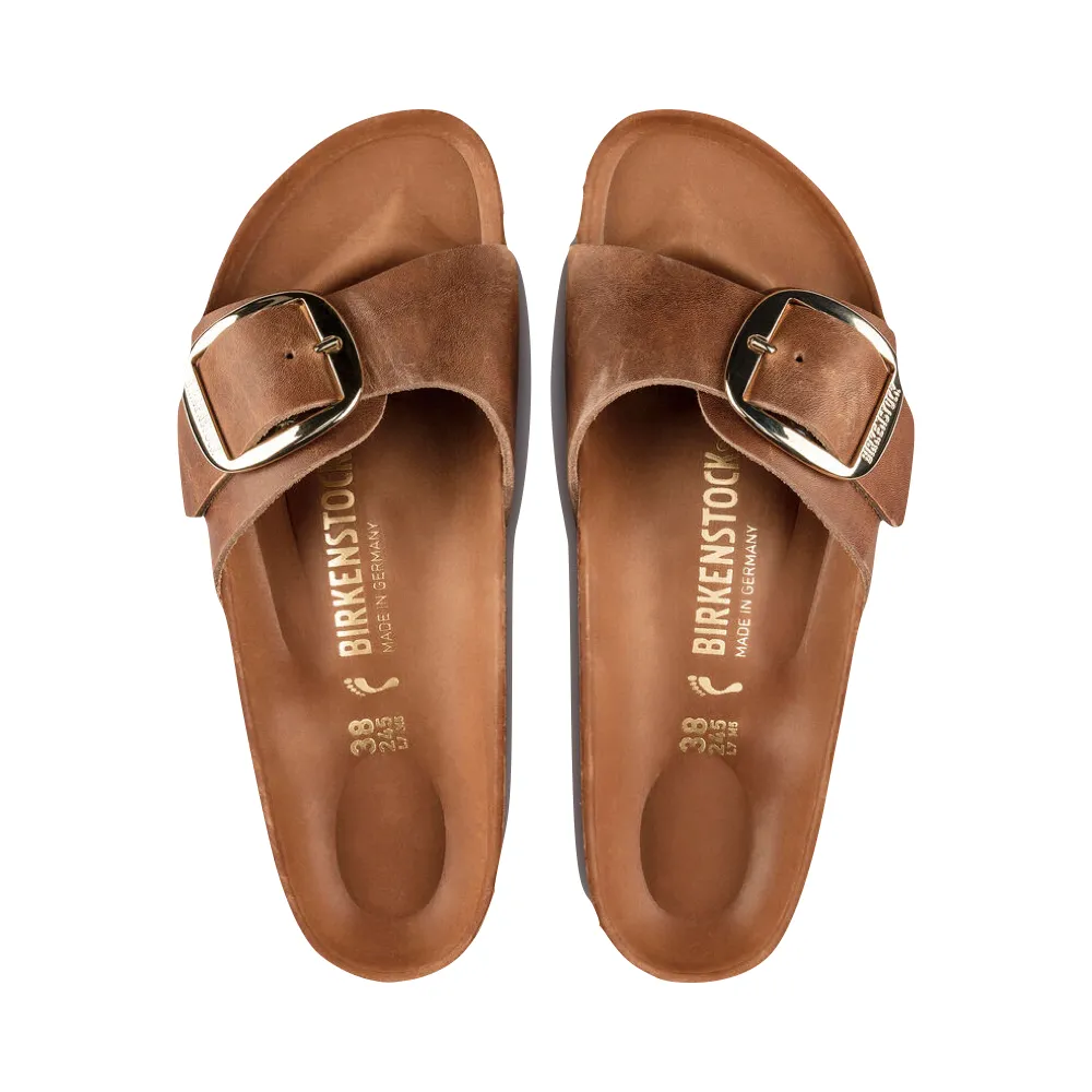 Birkenstock Women's Madrid Big Buckle Oiled Leather Sandal in Cognac