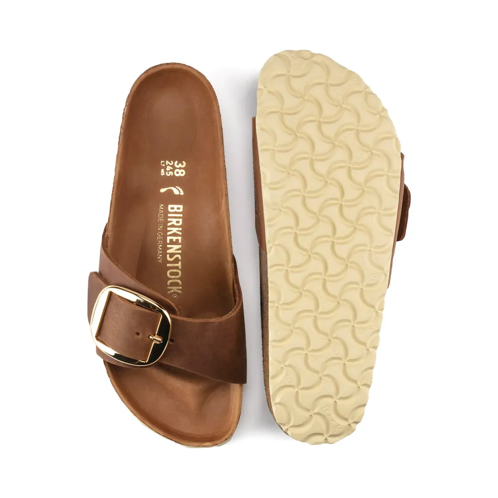 Birkenstock Women's Madrid Big Buckle Oiled Leather Sandal in Cognac