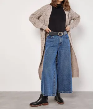 Chunky Cable Knit Midi-Cardigan In Stone