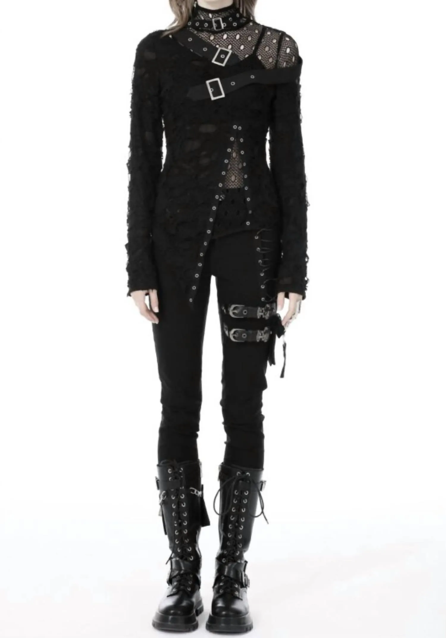 Distressed Punk Long Sleeve Buckle Shirt In Black