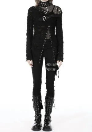 Distressed Punk Long Sleeve Buckle Shirt In Black