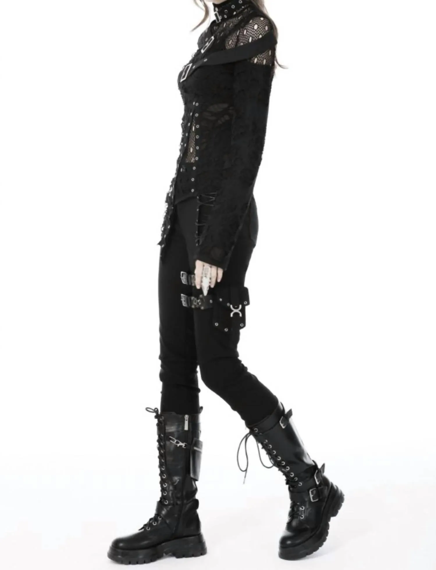 Distressed Punk Long Sleeve Buckle Shirt In Black