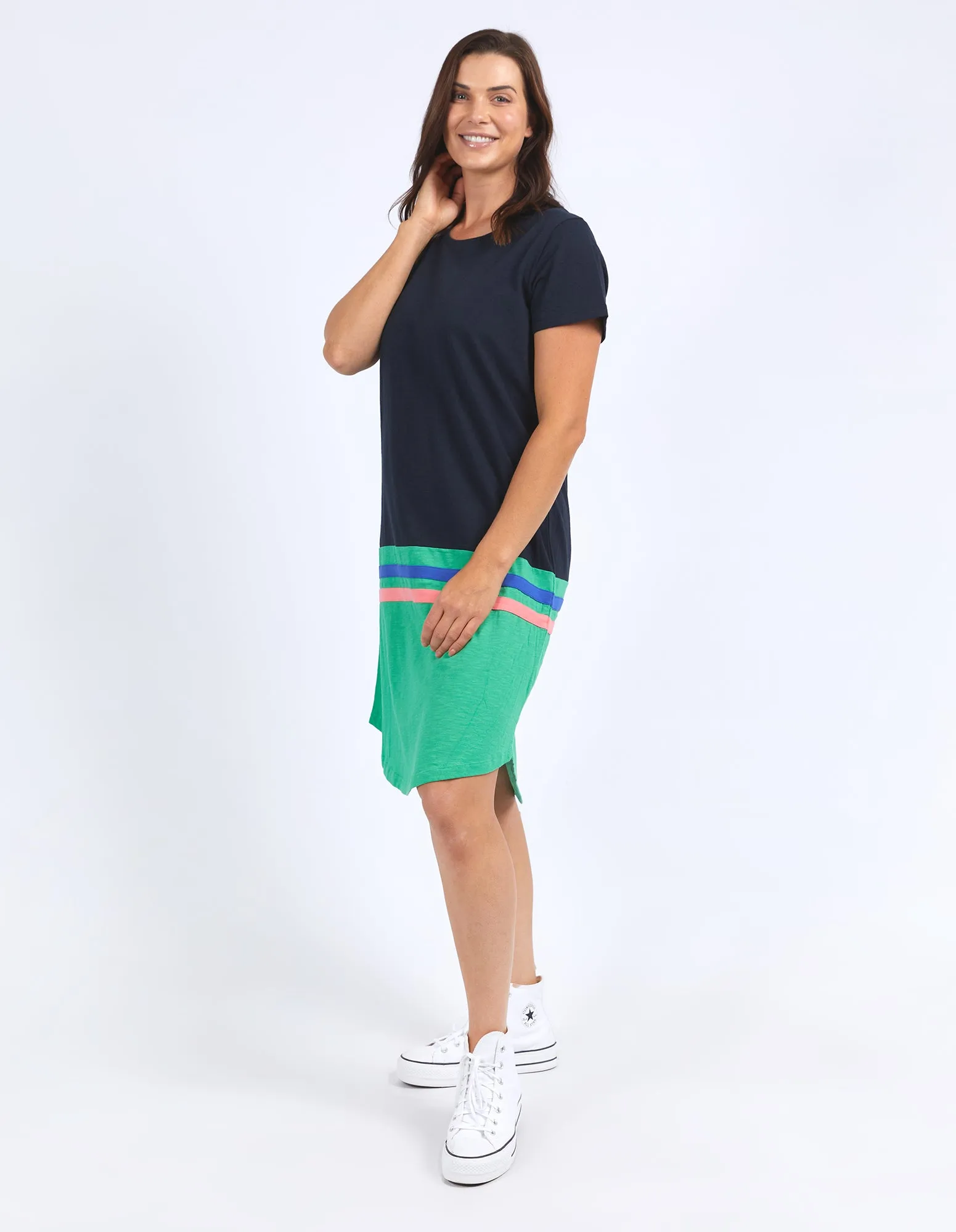 Elm Rhea Tee Dress Navy & Green Colour Block