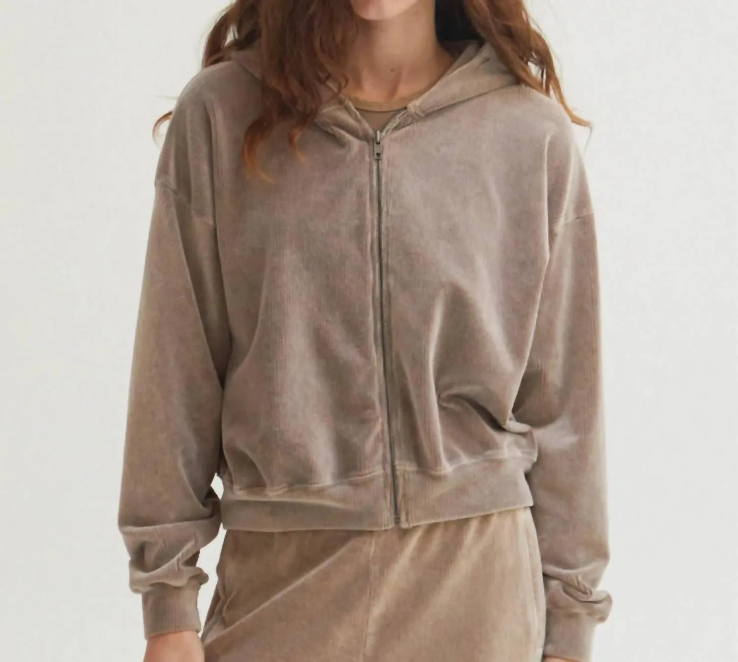 Esther Velour Zip-Up Sweatshirt In Latte