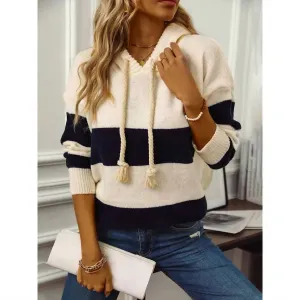 Hooded Knit Sweater In Navy/tan