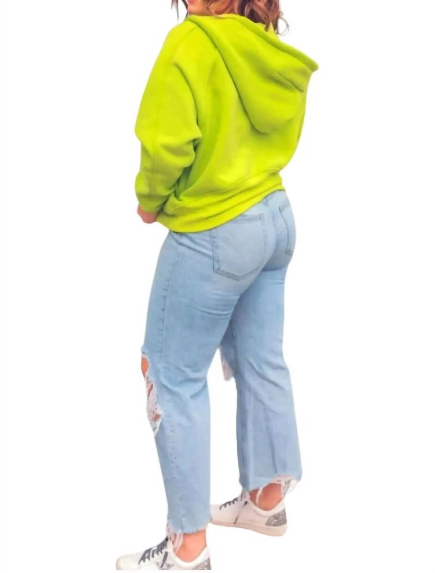 Kenna Hooded Quarter Zip Sweatshirt With Thumb Holes In Neon Green