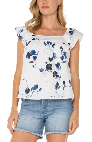 LIVERPOOL SHORT-SLEEVE SQUARE-NECK TOP - BLUE MULTI