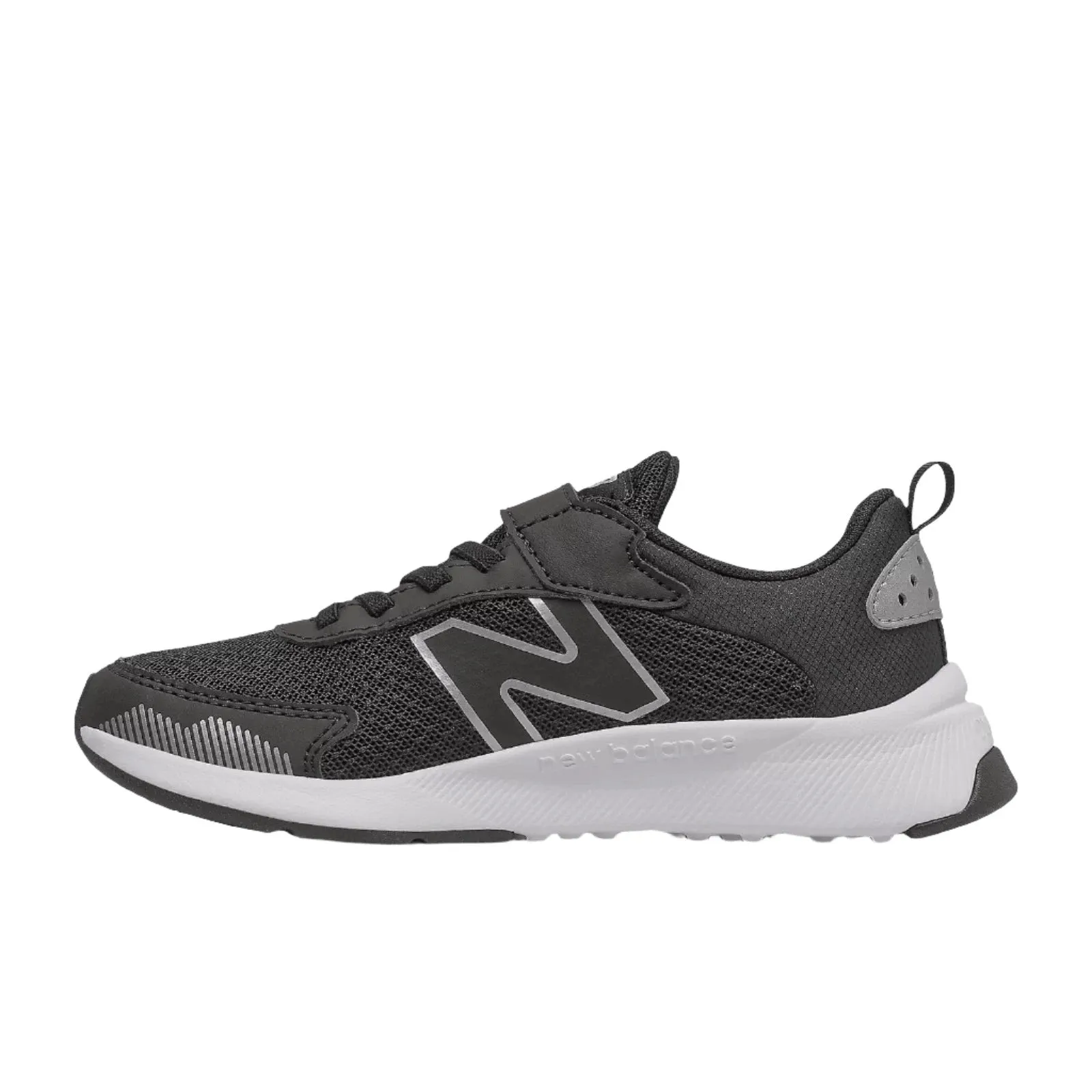 New Balance Shoes Kid's Dynasoft PT545BO1 Bungee Lace with Top Strap Black/White/Silver Metallic (10.5c-3Y)