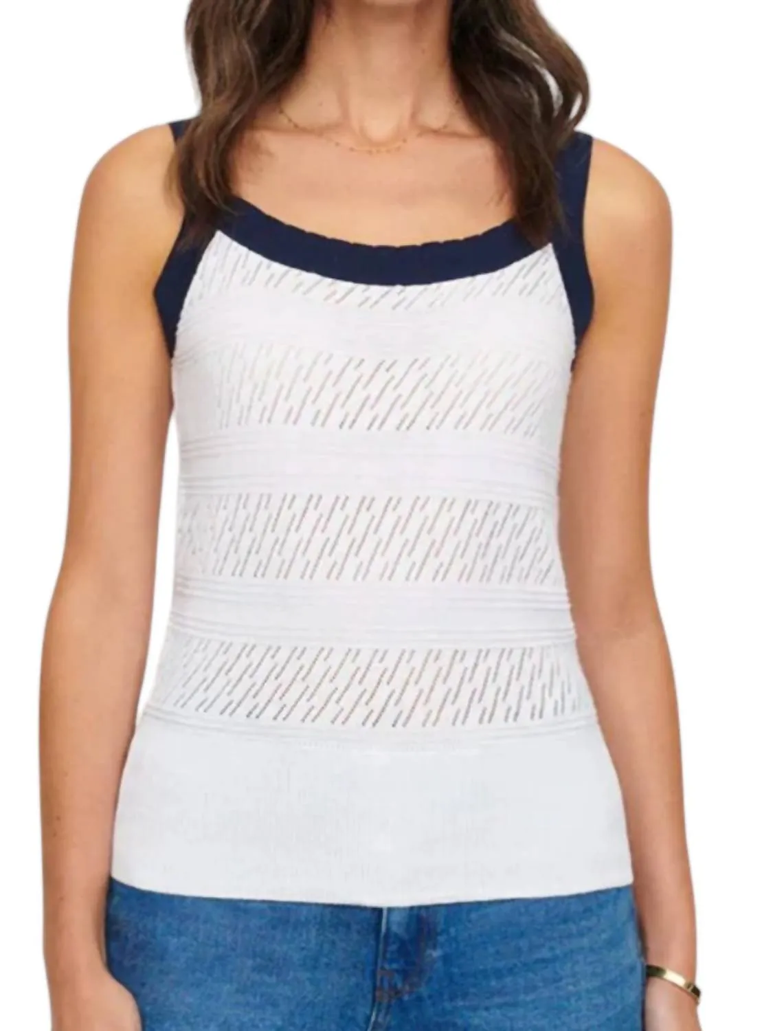Olivia Pointelle Vest Top In Snowdrop Navy