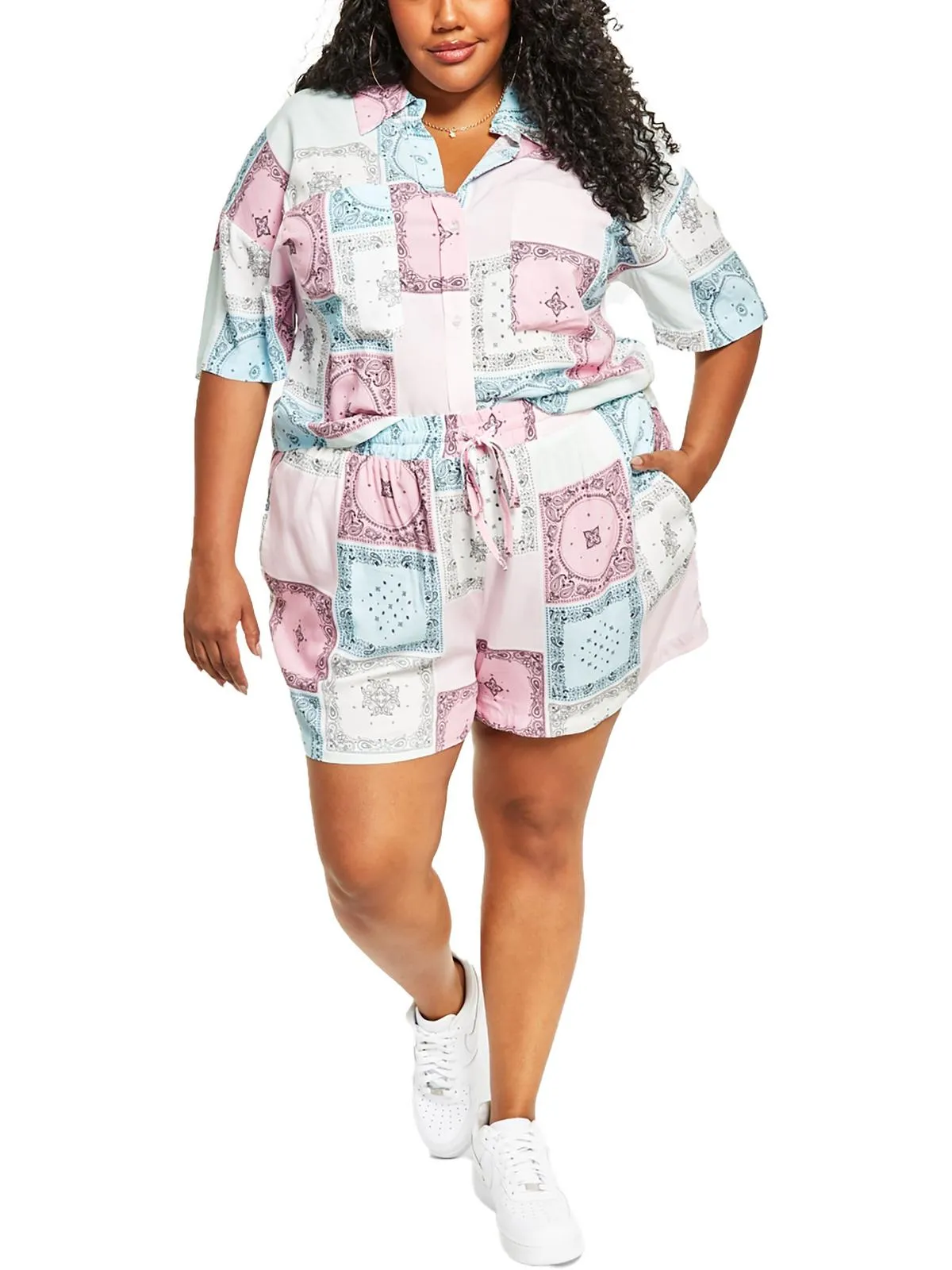 Plus Womens Printed Stretch High-Waist Shorts