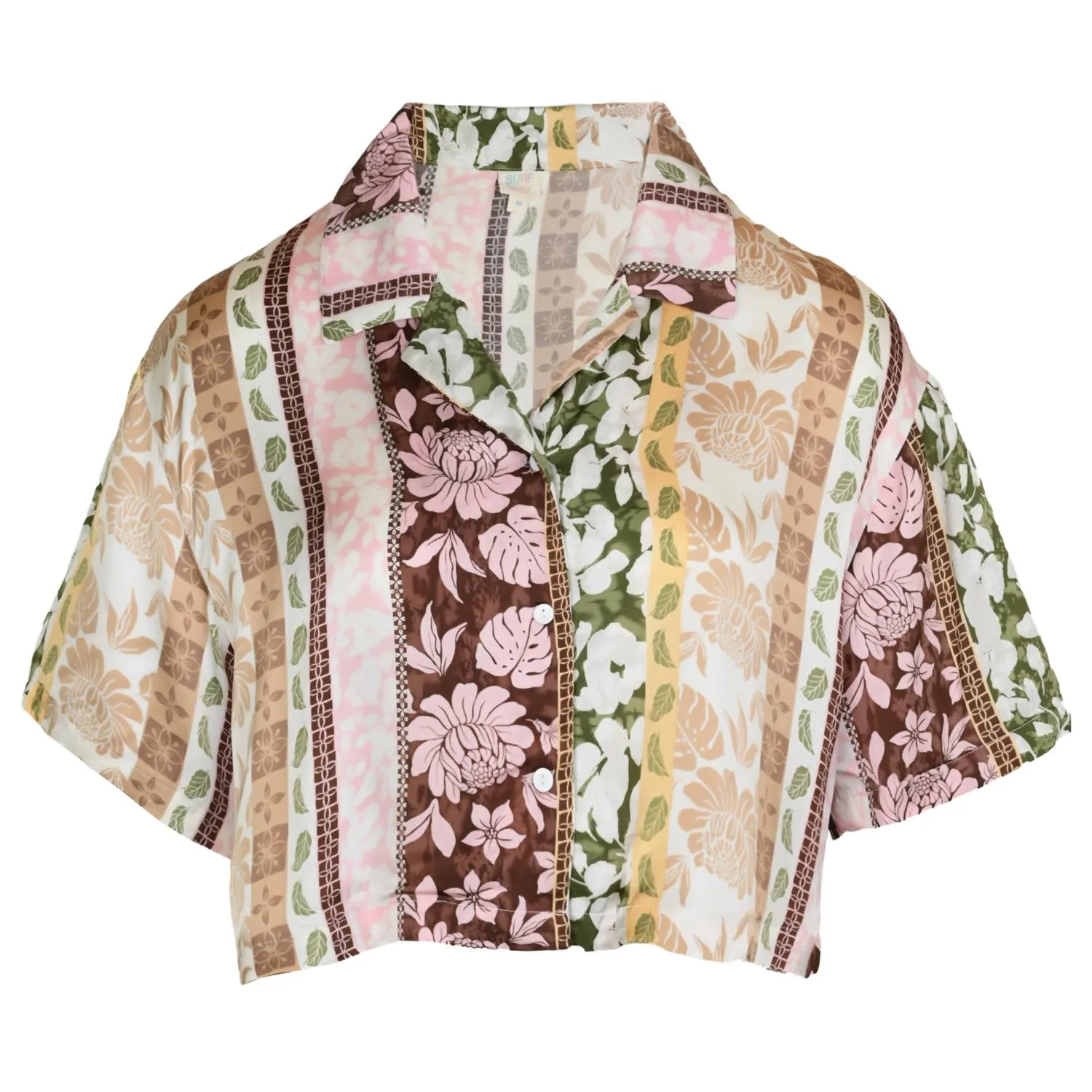 Satin Printed Cropped Button Up In Pacific Tropical