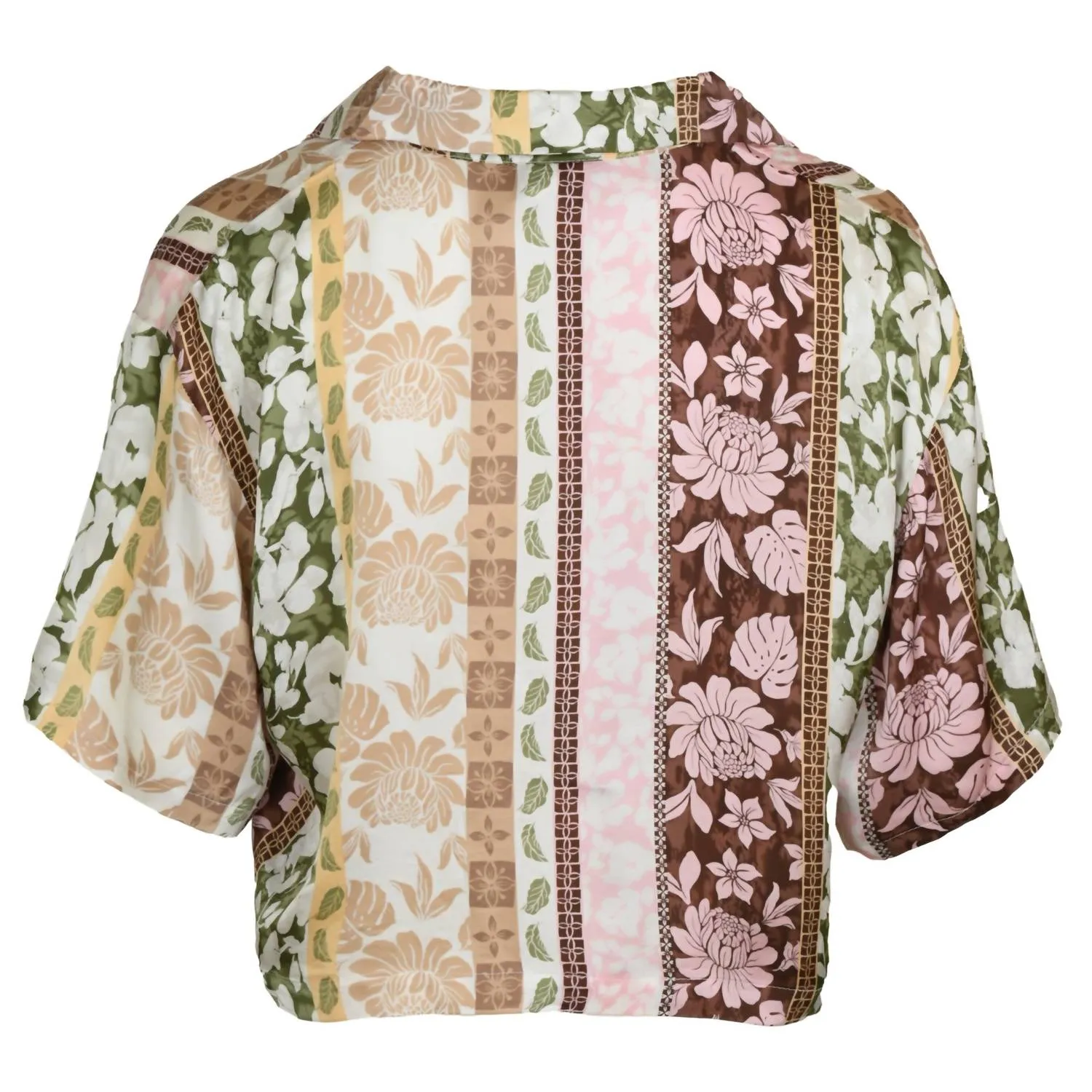 Satin Printed Cropped Button Up In Pacific Tropical