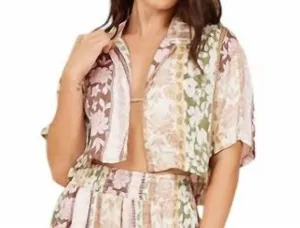 Satin Printed Cropped Button Up In Pacific Tropical