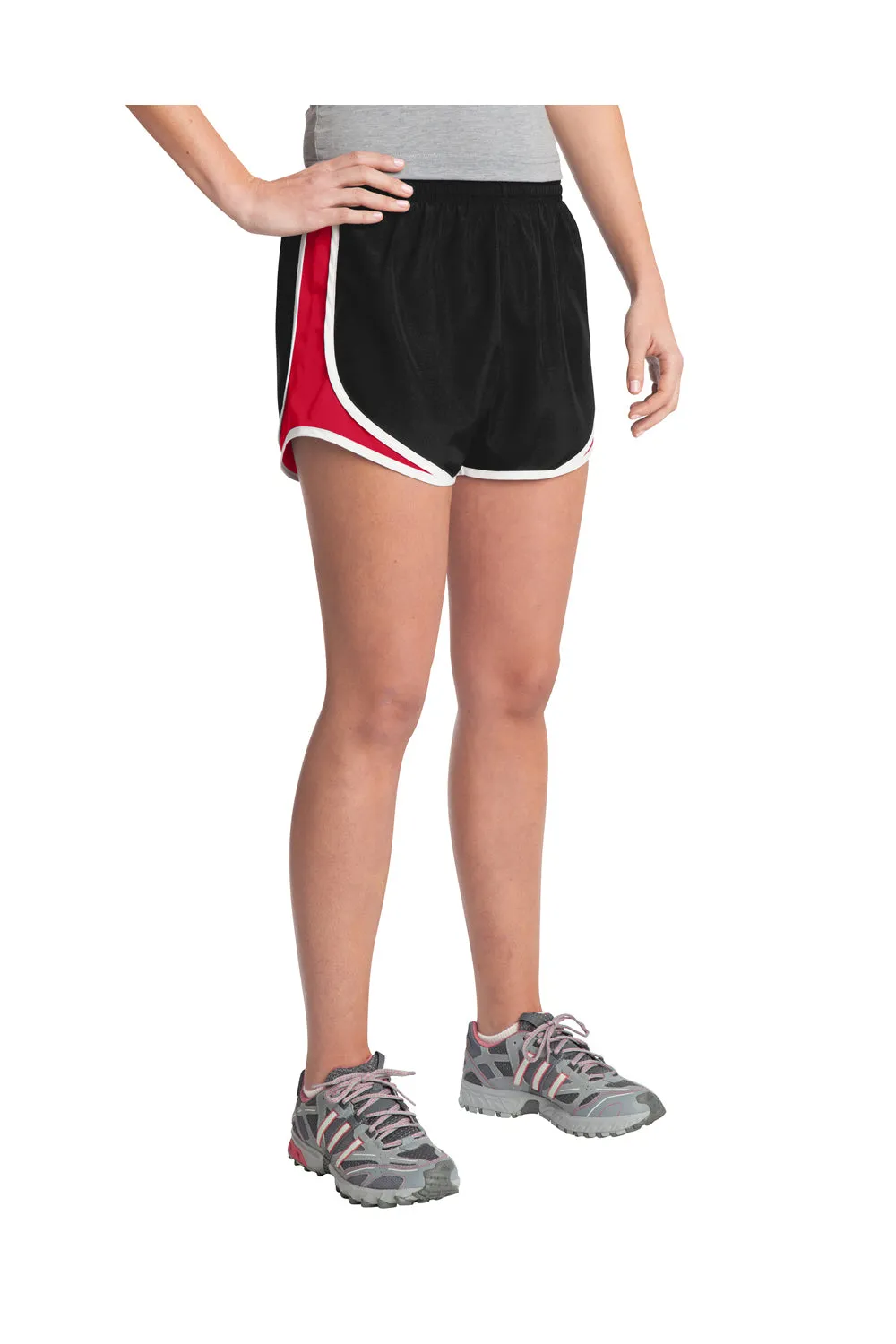 Sport-Tek Womens Cadence Moisture Wicking Shorts - Black/True Red/White