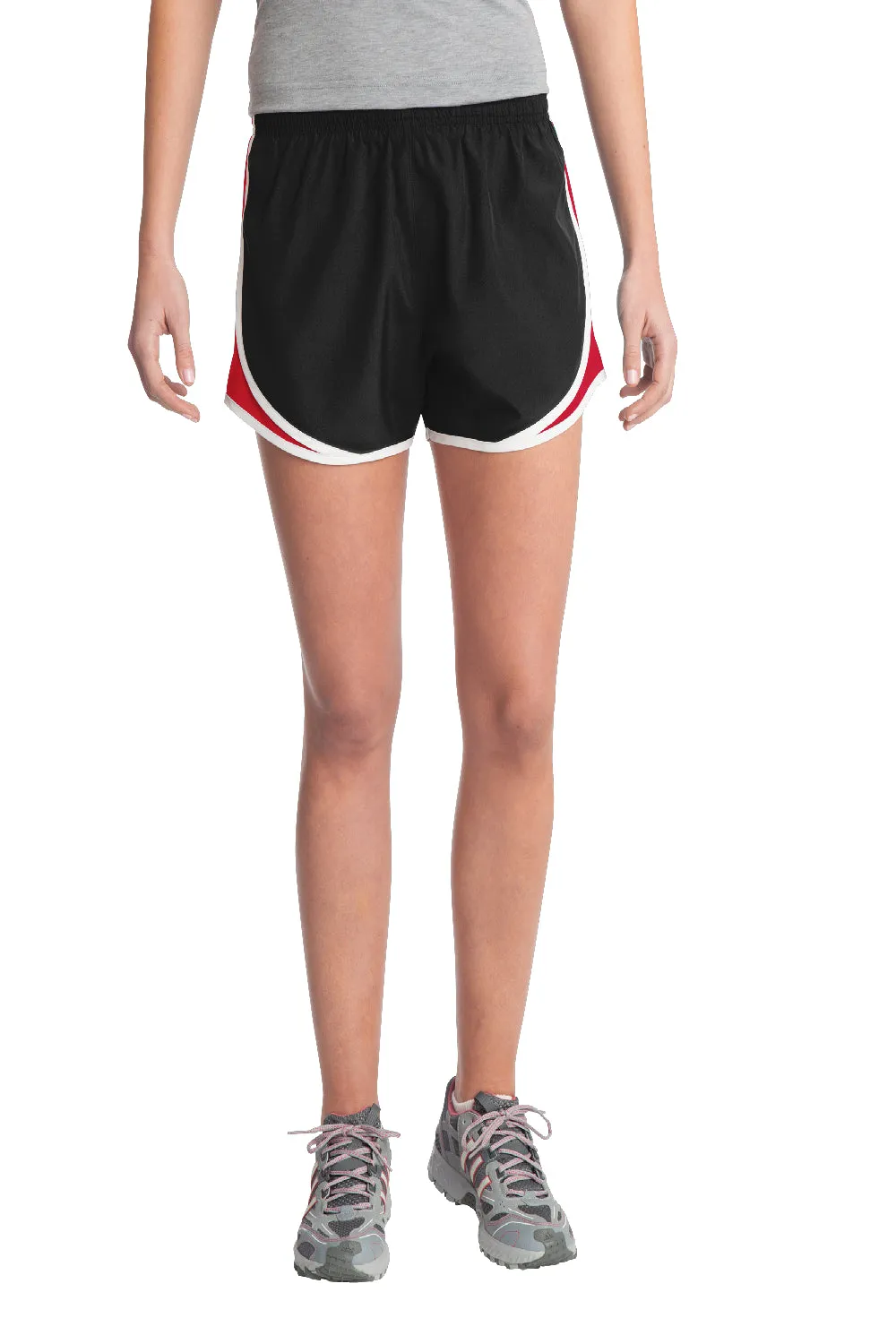 Sport-Tek Womens Cadence Moisture Wicking Shorts - Black/True Red/White