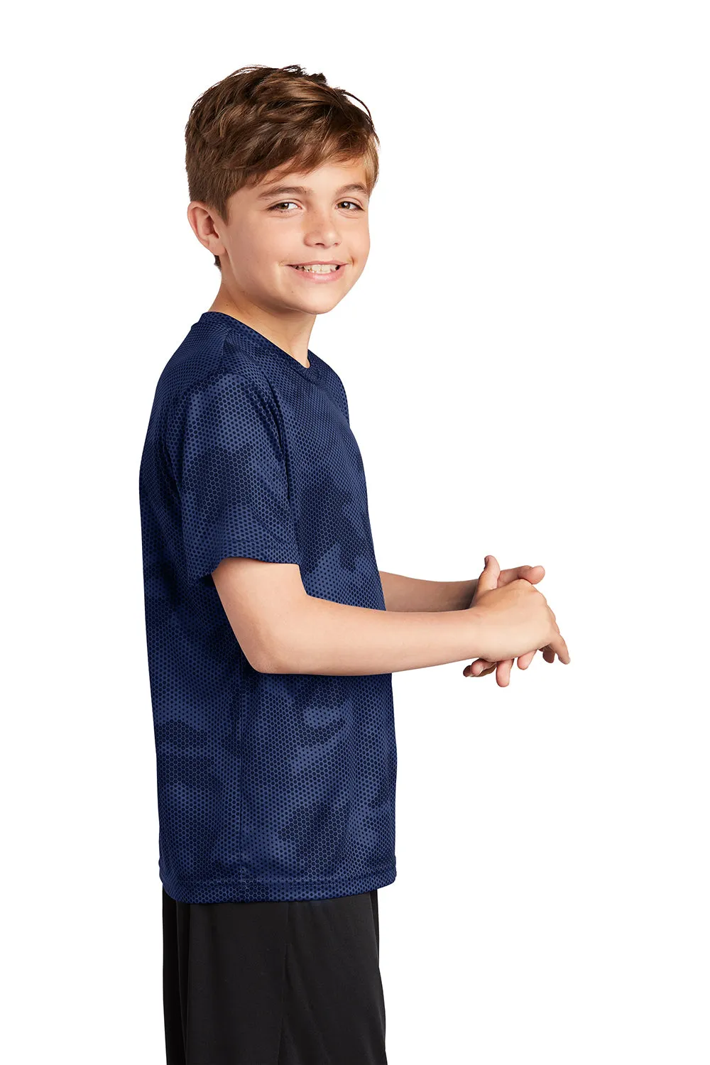 Sport-Tek Youth CamoHex Moisture Wicking Short Sleeve Crewneck T-Shirt - True Navy Blue
