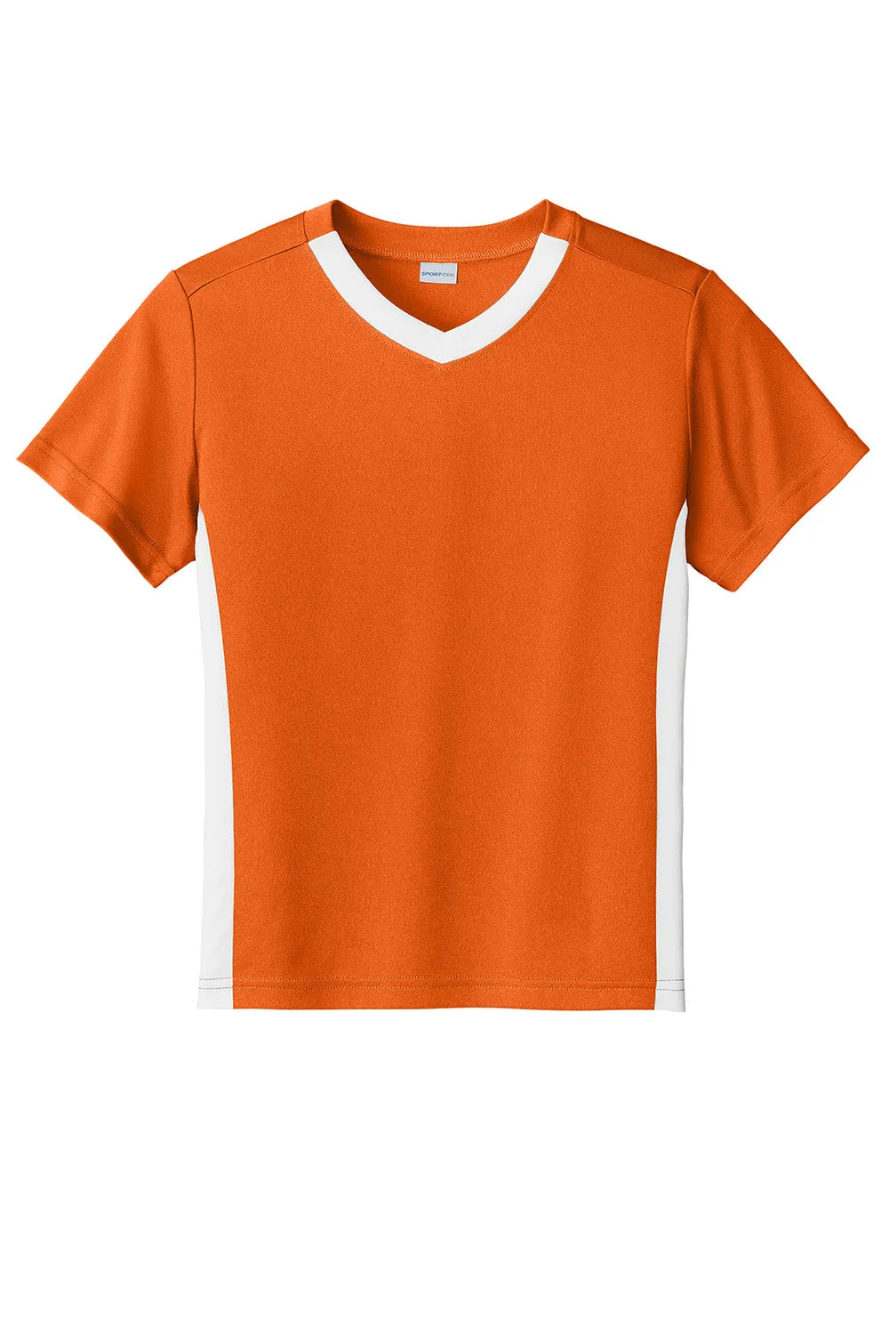 Sport-Tek Youth Moisture Wicking Competitor United Short Sleeve V-Neck T-Shirt - Deep Orange/White