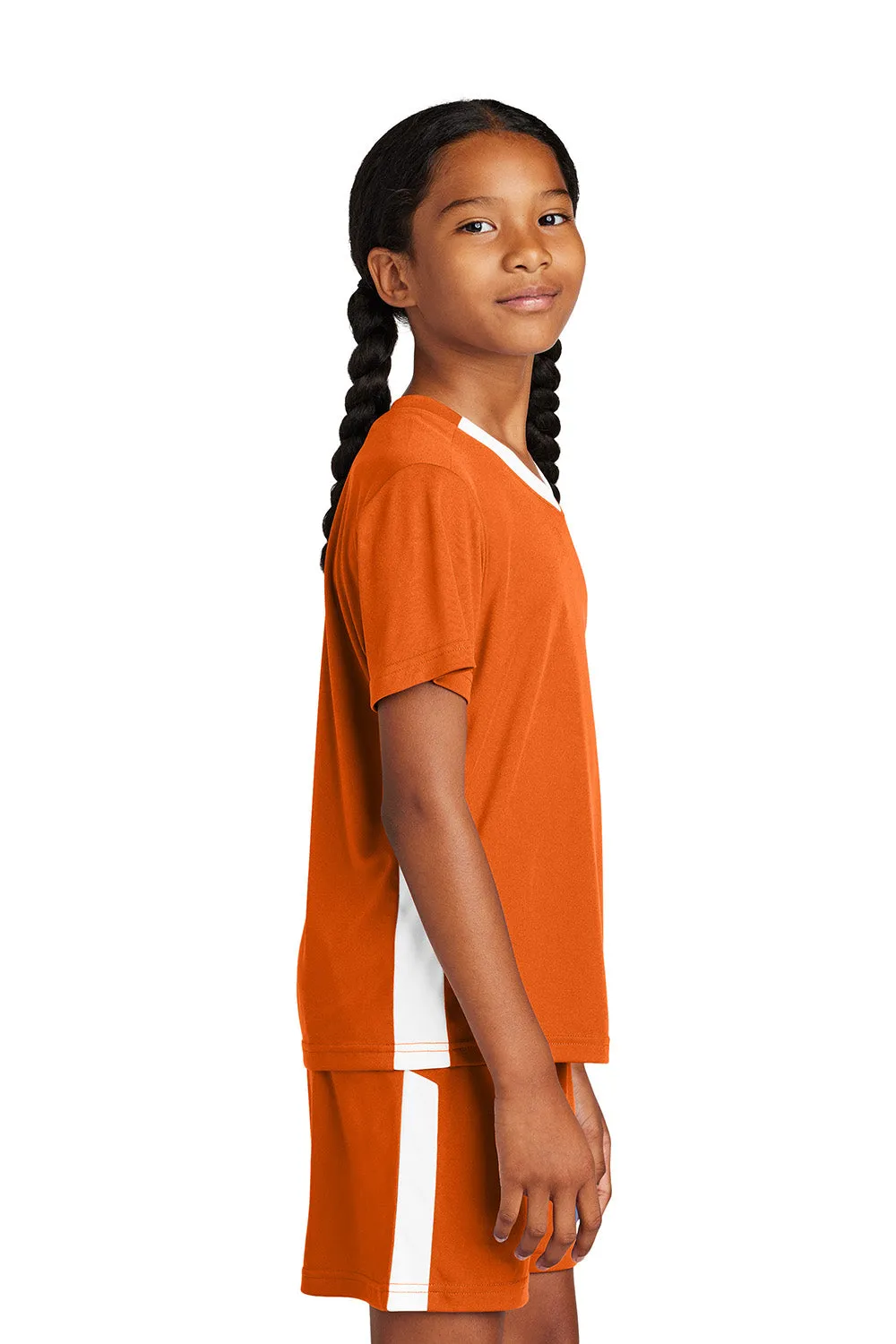 Sport-Tek Youth Moisture Wicking Competitor United Short Sleeve V-Neck T-Shirt - Deep Orange/White