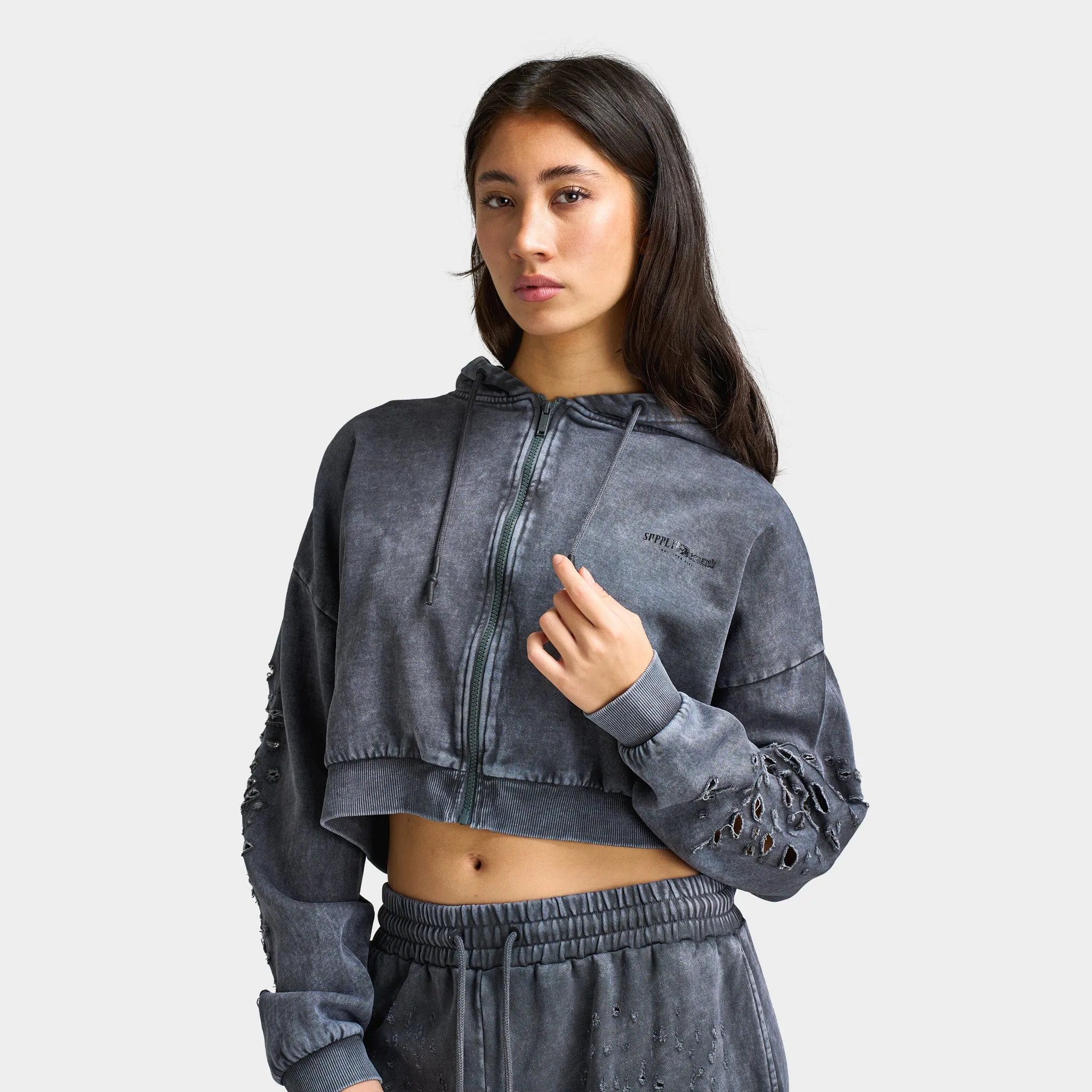 Supply & Demand Supply & Demand Women's Distress Full Zip Hoodie / Asphalt