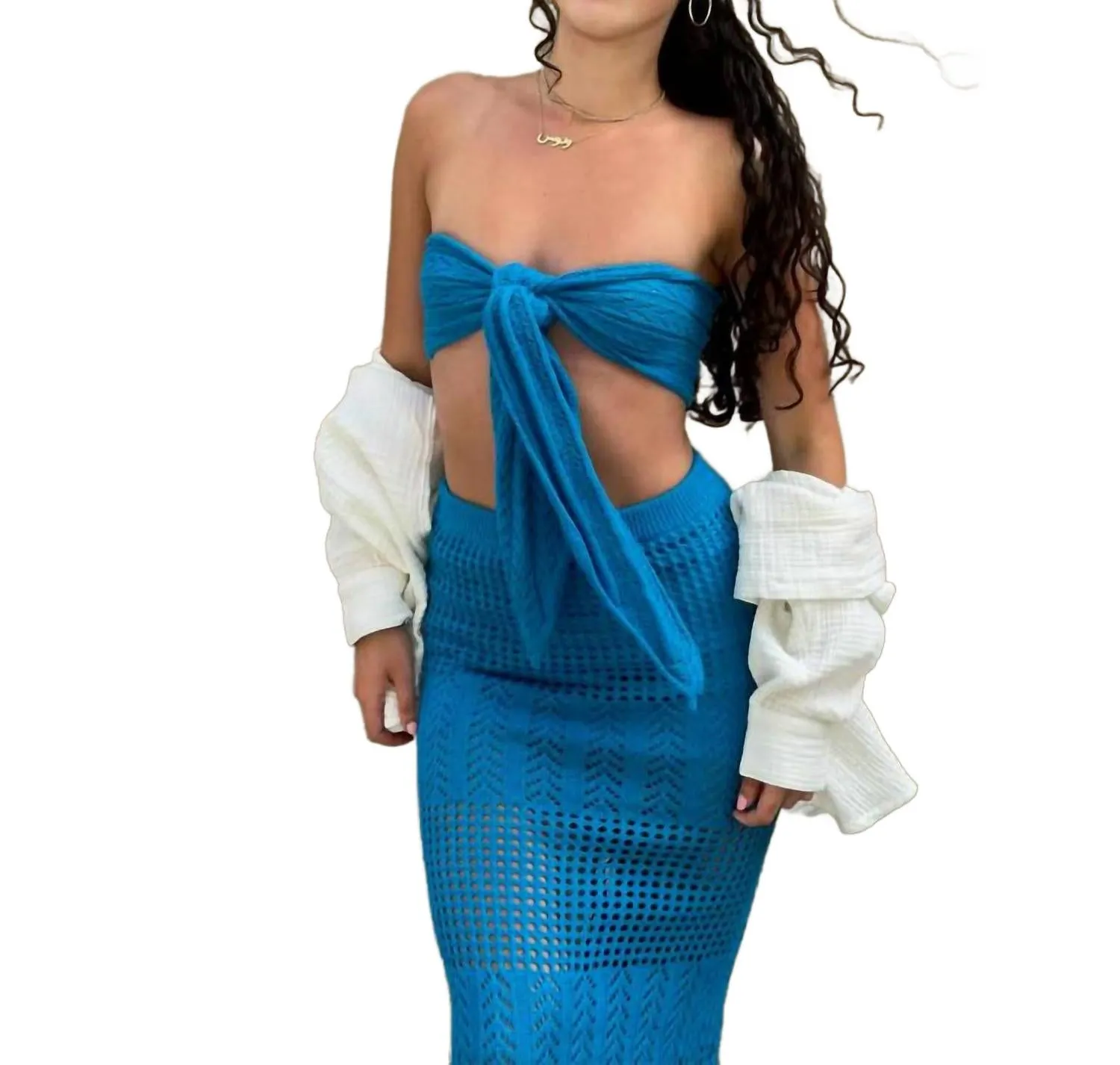 Valley Tie Top And Midi Skirt Knit Set In Blue