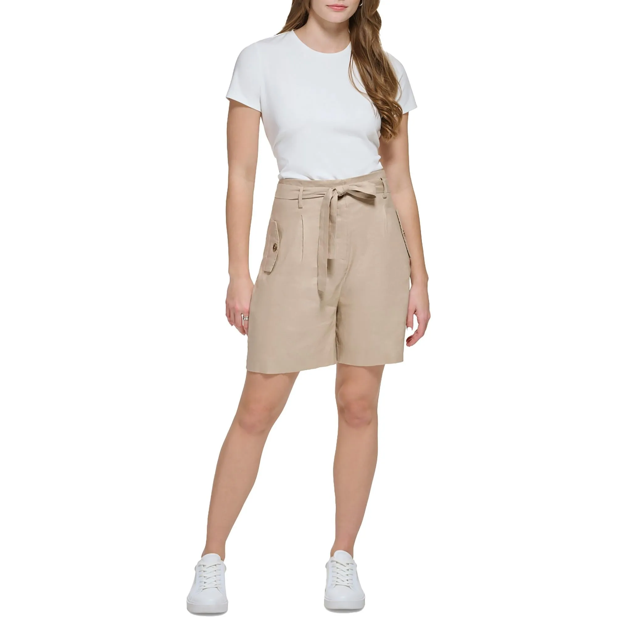 Womens Linen Blend Mini High-Waist Shorts