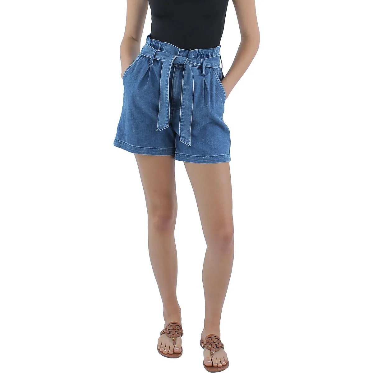 Womens Pleated Belted High-Waist Shorts